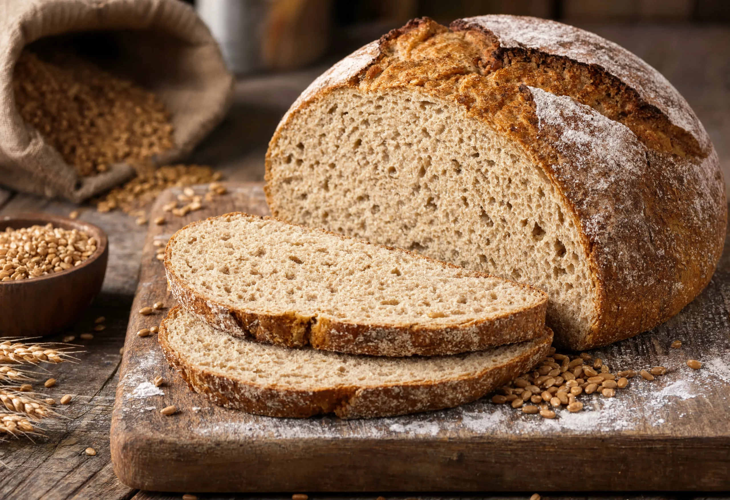 Sliced artisan whole grain bread loaf on a wooden board surrounded by whole wheat kernels, illustrating specialty grains used in commercial baking