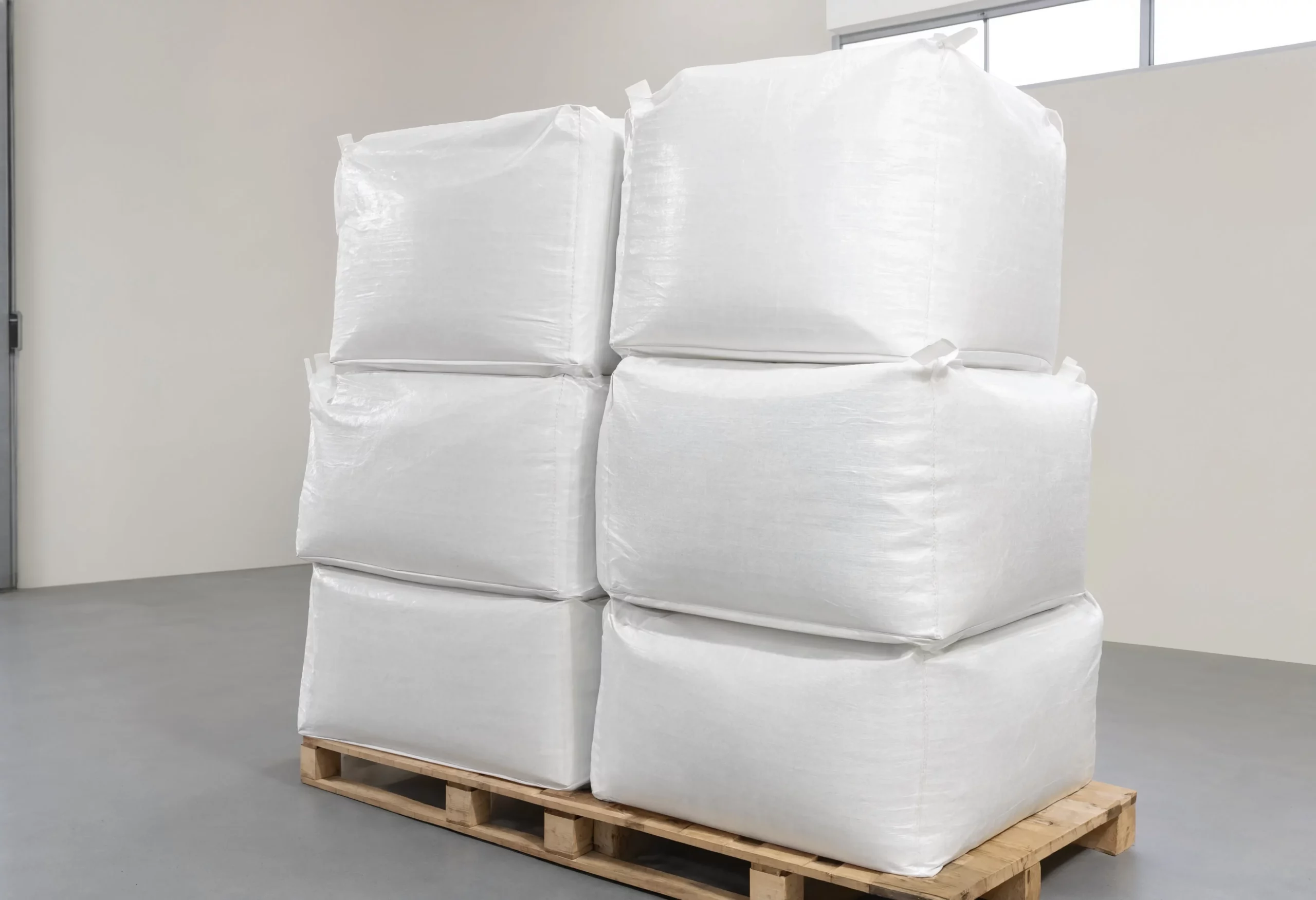 Bulk grain bags stacked on warehouse pallets ready for shipment from a bulk grain supplier