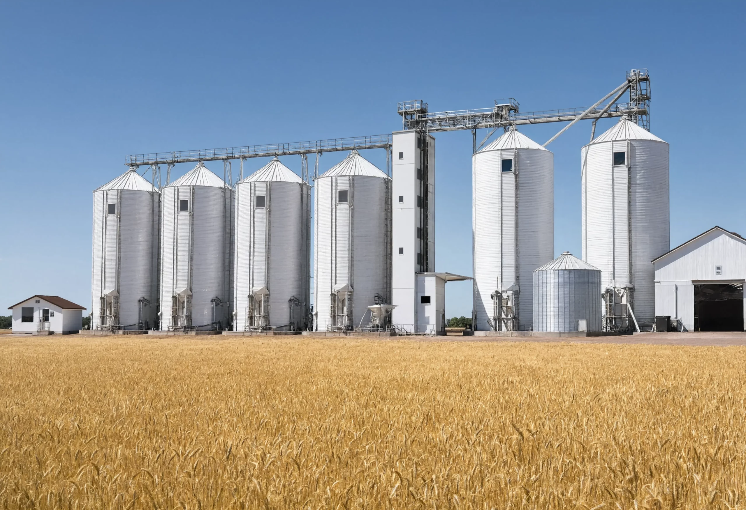 Bulk grain storage silos at a farm supply facility showing large-volume grain handling infrastructure