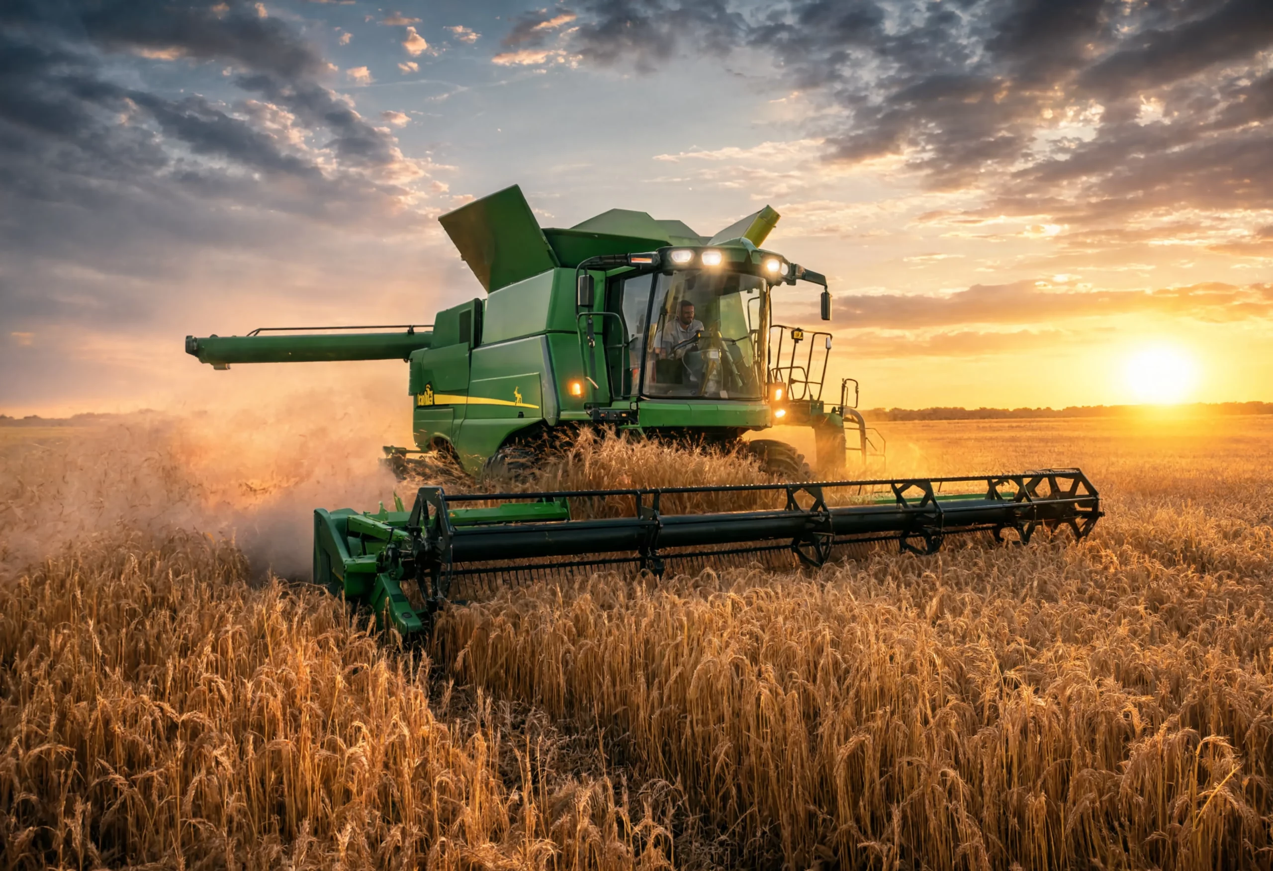 Combine harvester working a field at sunset as part of an identity preserved grains supply program
