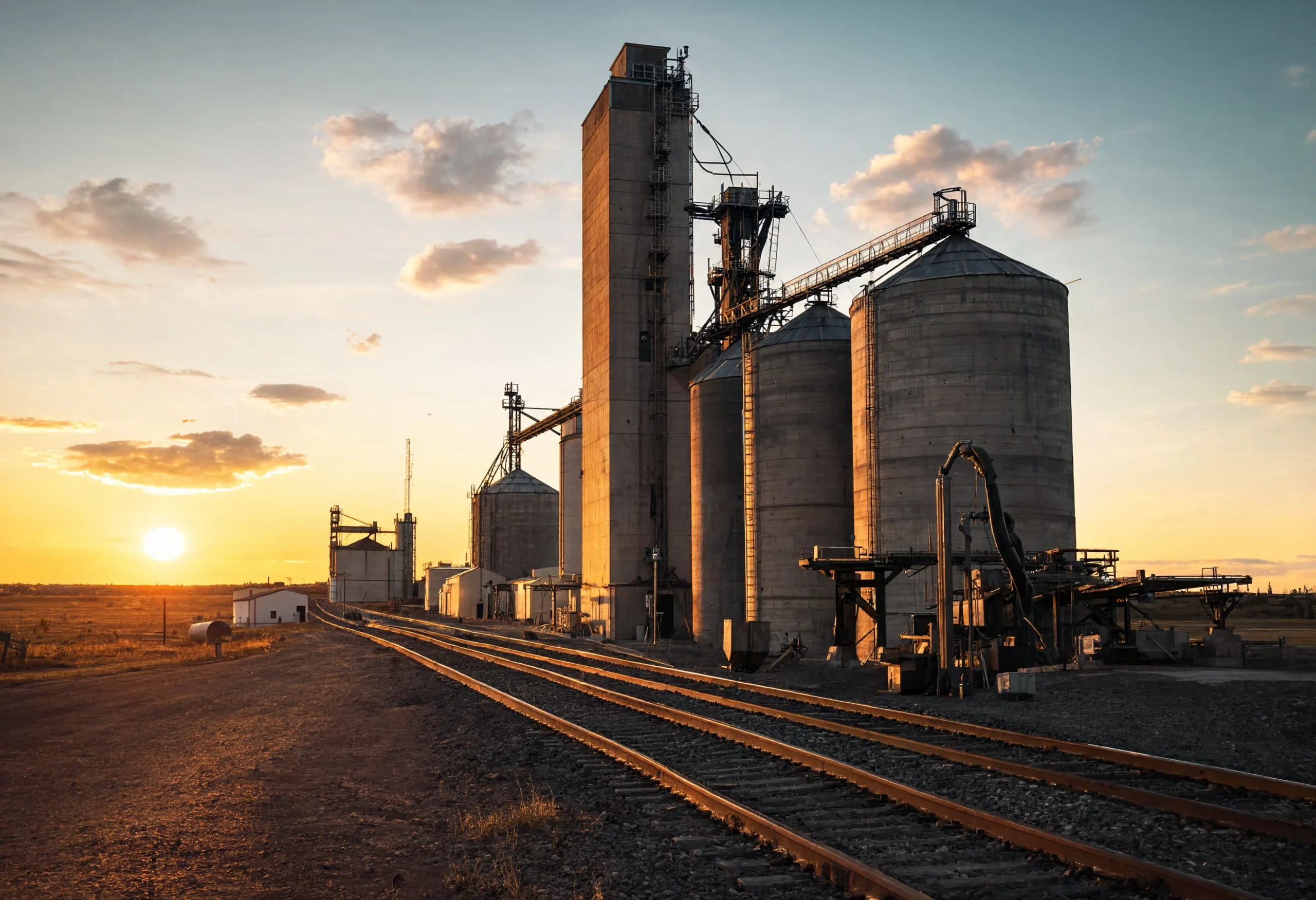 Country grain elevator at sunset showing organic grain supplier storage and logistics infrastructure