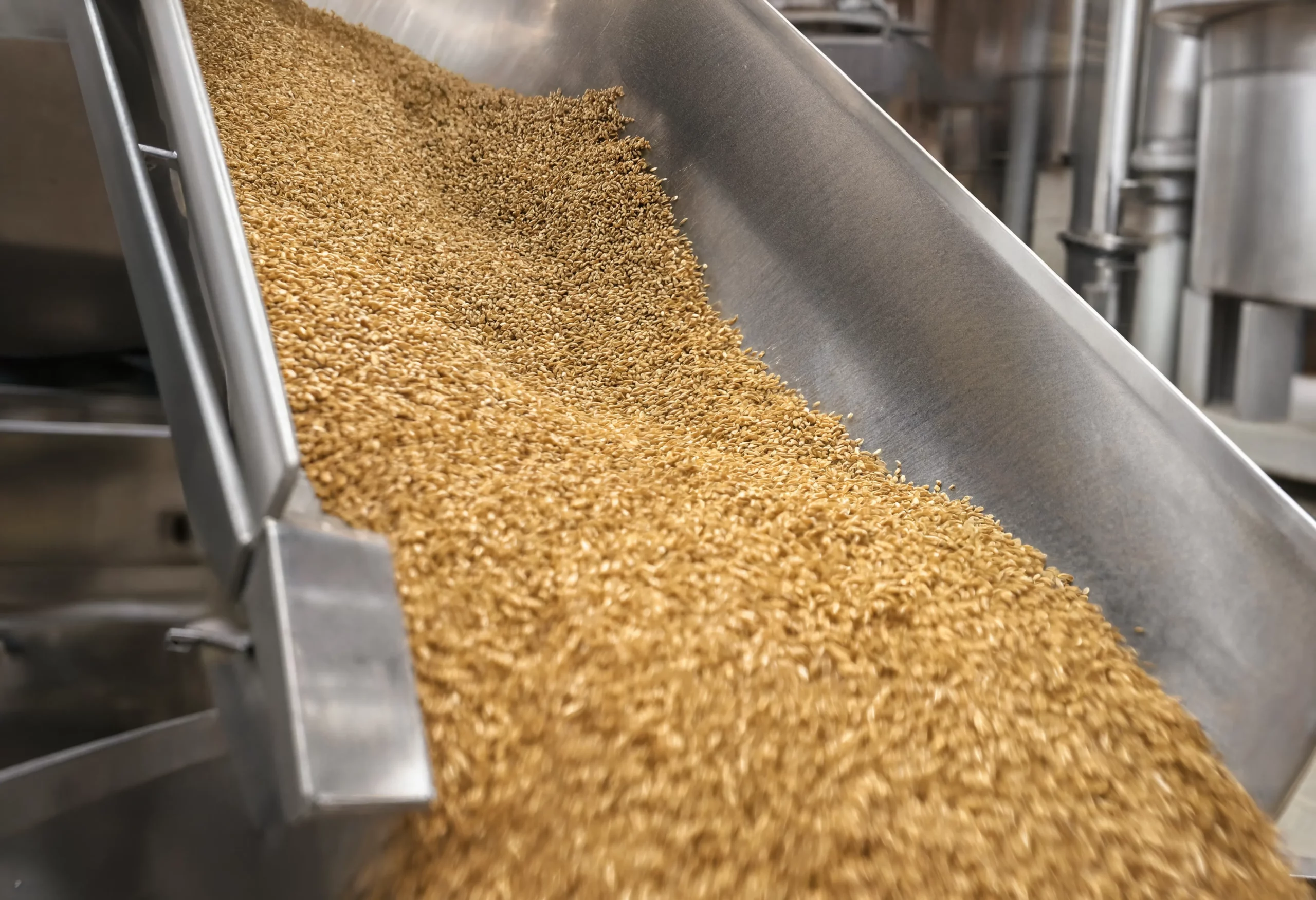 Grain flowing through a stainless steel processing chute during identity preserved grain handling