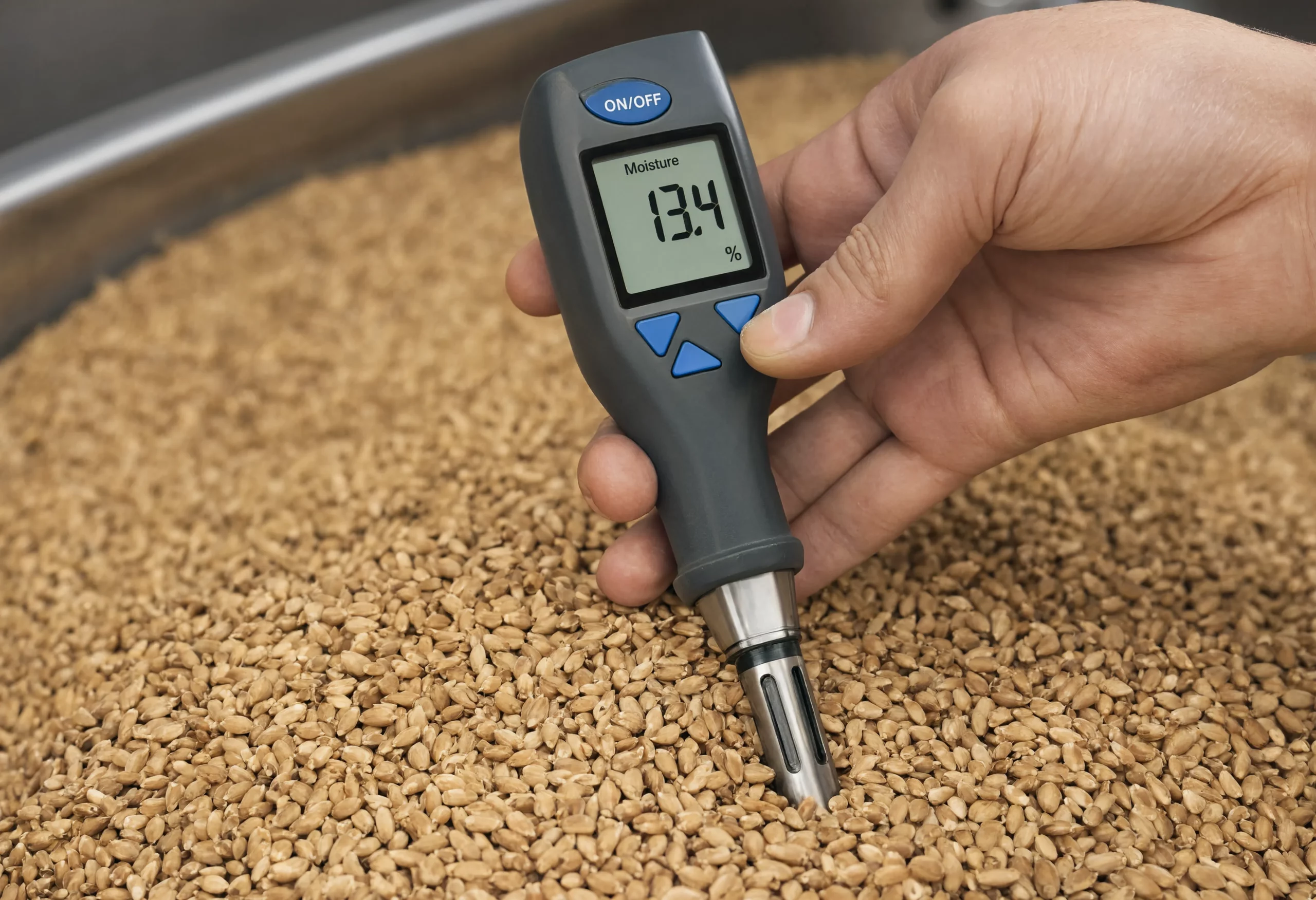Grain moisture meter being used to test wheat quality as part of an organic grain supplier quality assurance program