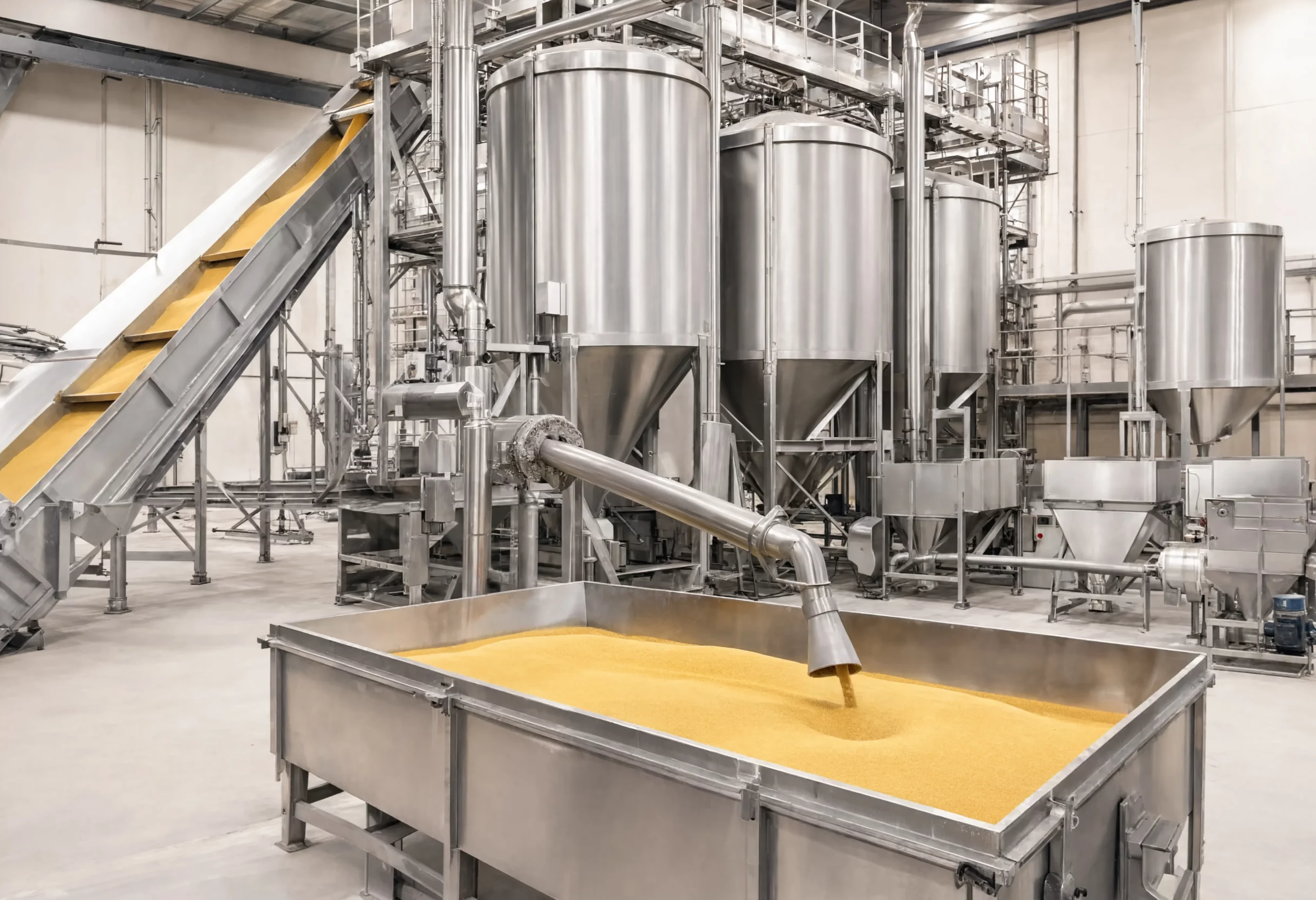 Interior of a grain processing facility showing equipment used by a bulk grain supplier for food-grade cleaning and handling