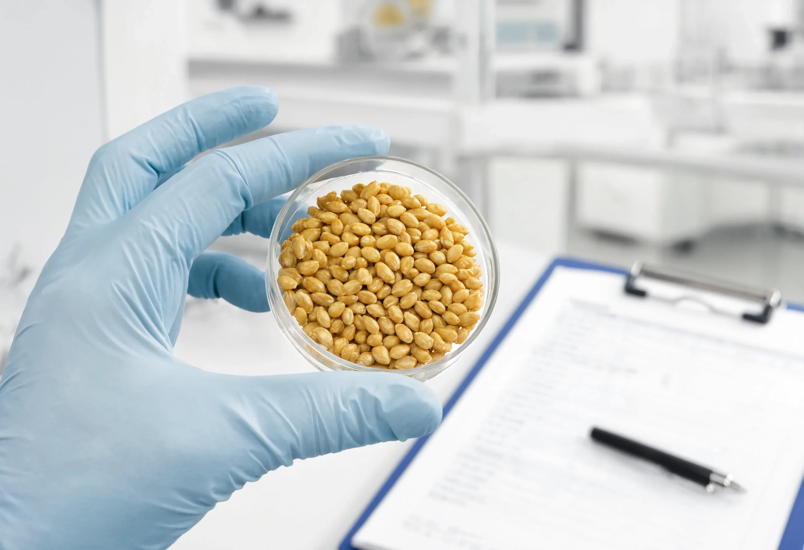 Grain quality control technician testing an organic corn sample in a food safety laboratory