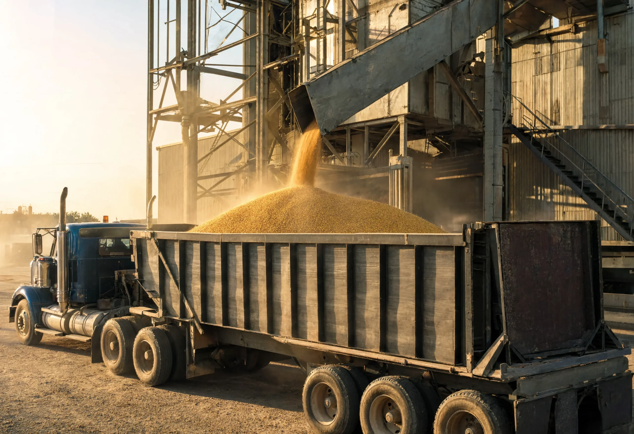 Grain truck loading at a corn elevator for food-grade grain supplier delivery program
