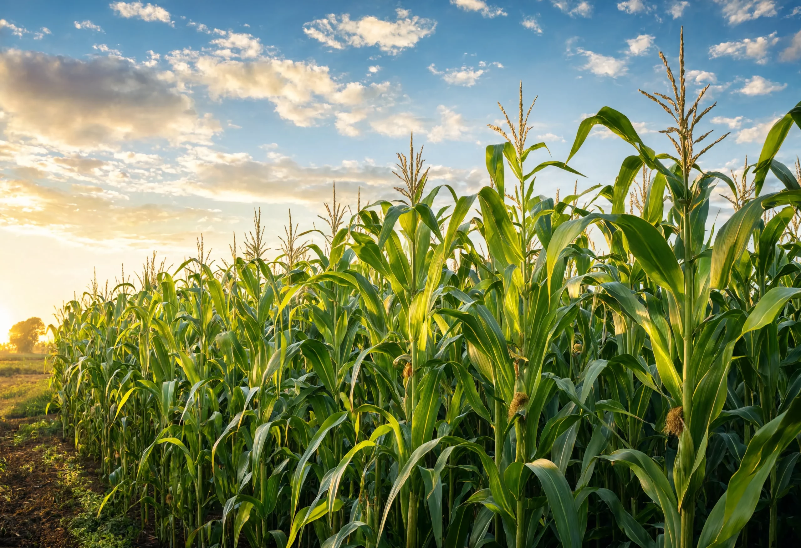 Non-GMO organic cornfield at golden hour on a farm supplying Clark Specialty Grains
