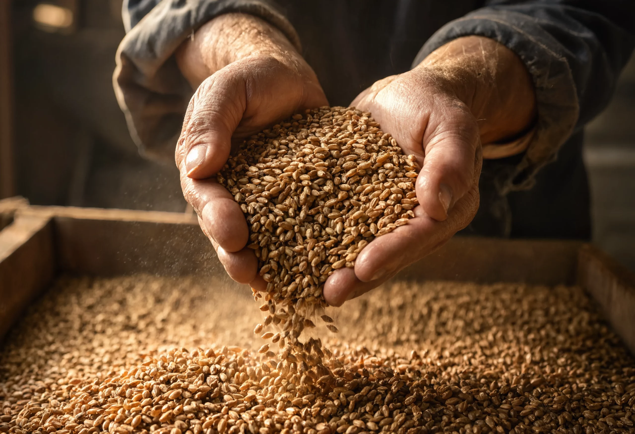 Specialty grain kernels being poured into a harvest crate showing the identity preservation process