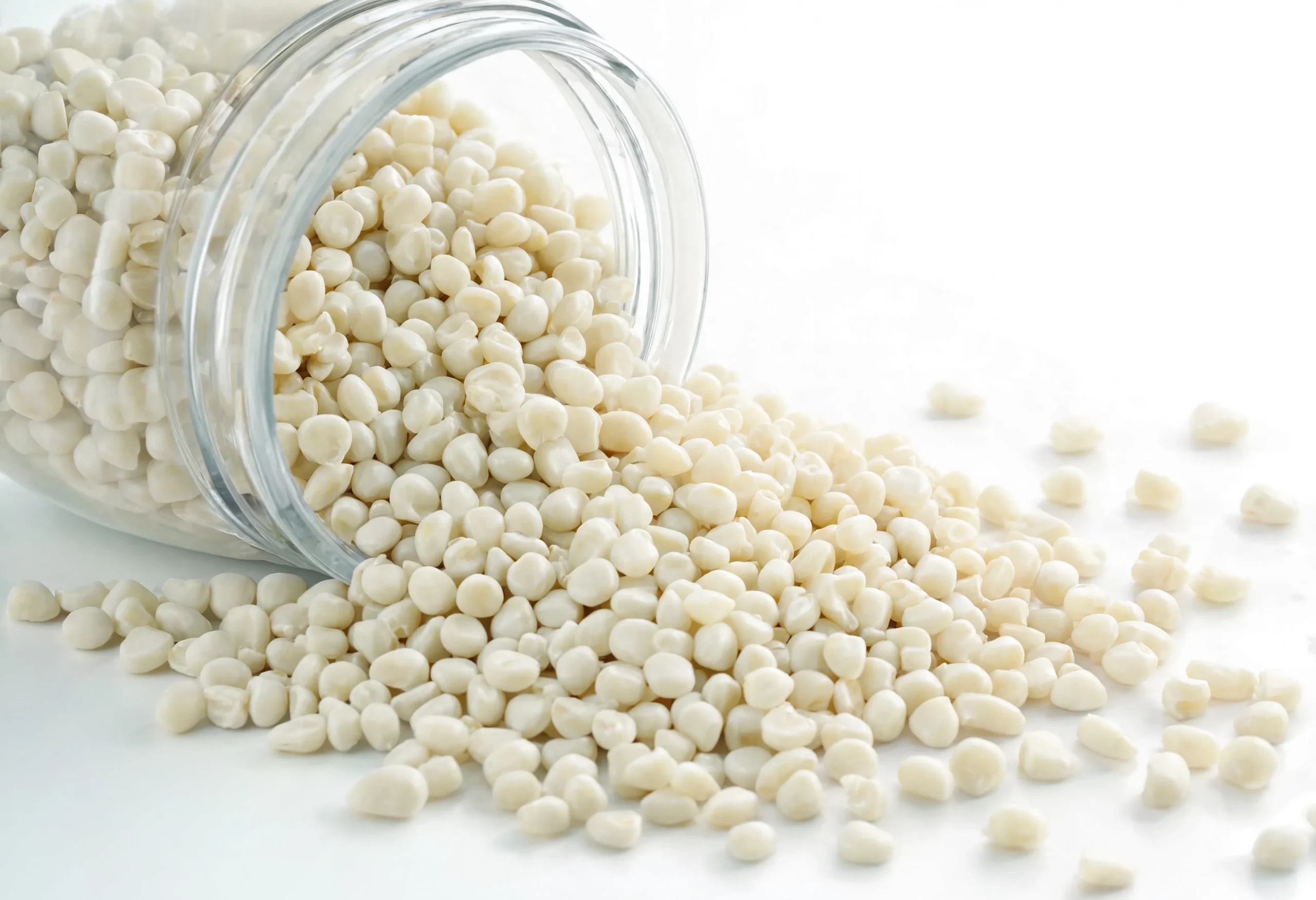 White specialty corn kernels in a glass jar showing food-grade purity and variety identification