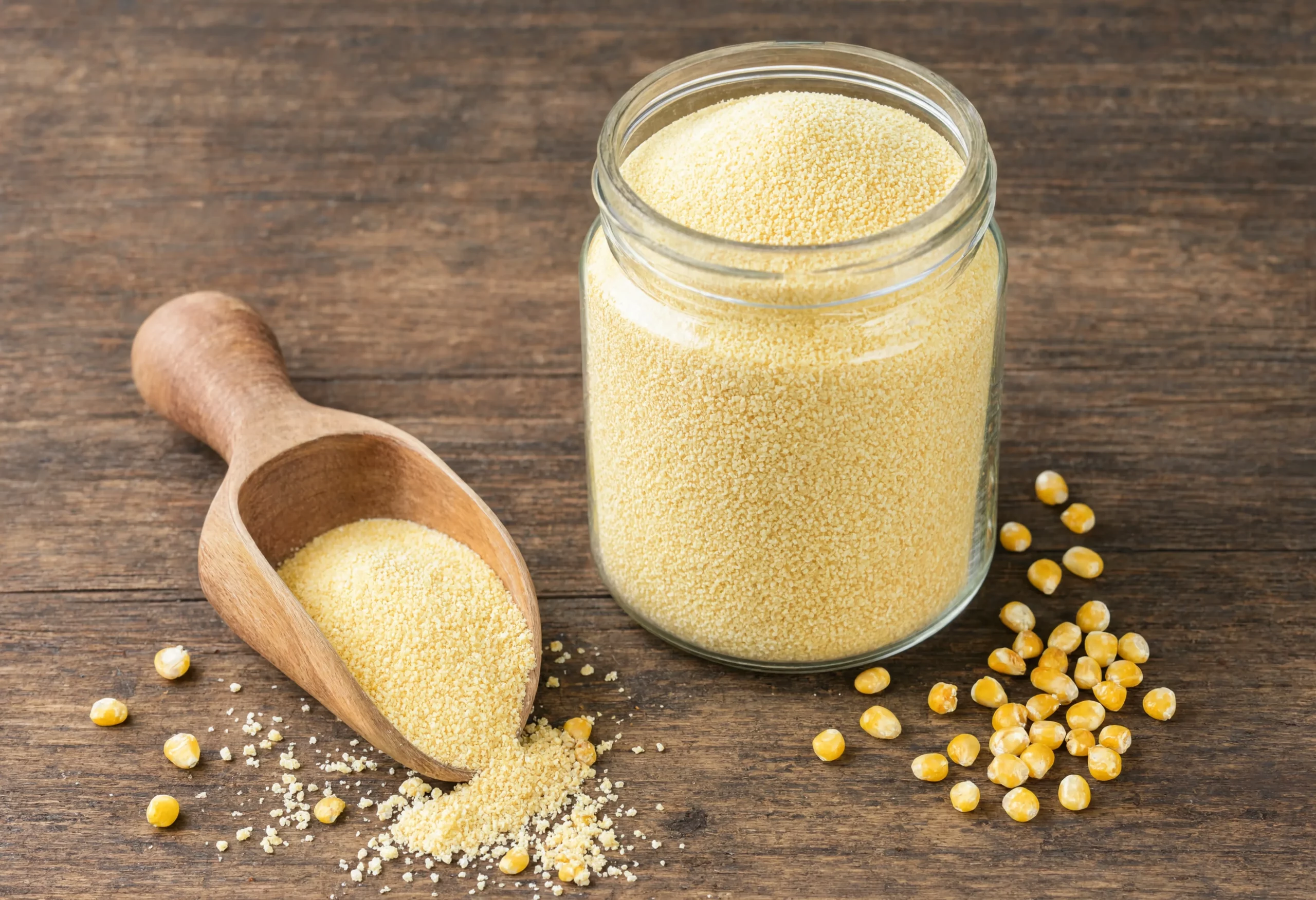 Yellow non-GMO cornmeal in a glass jar with a scoop showing food-grade quality from a non-GMO grain supplier