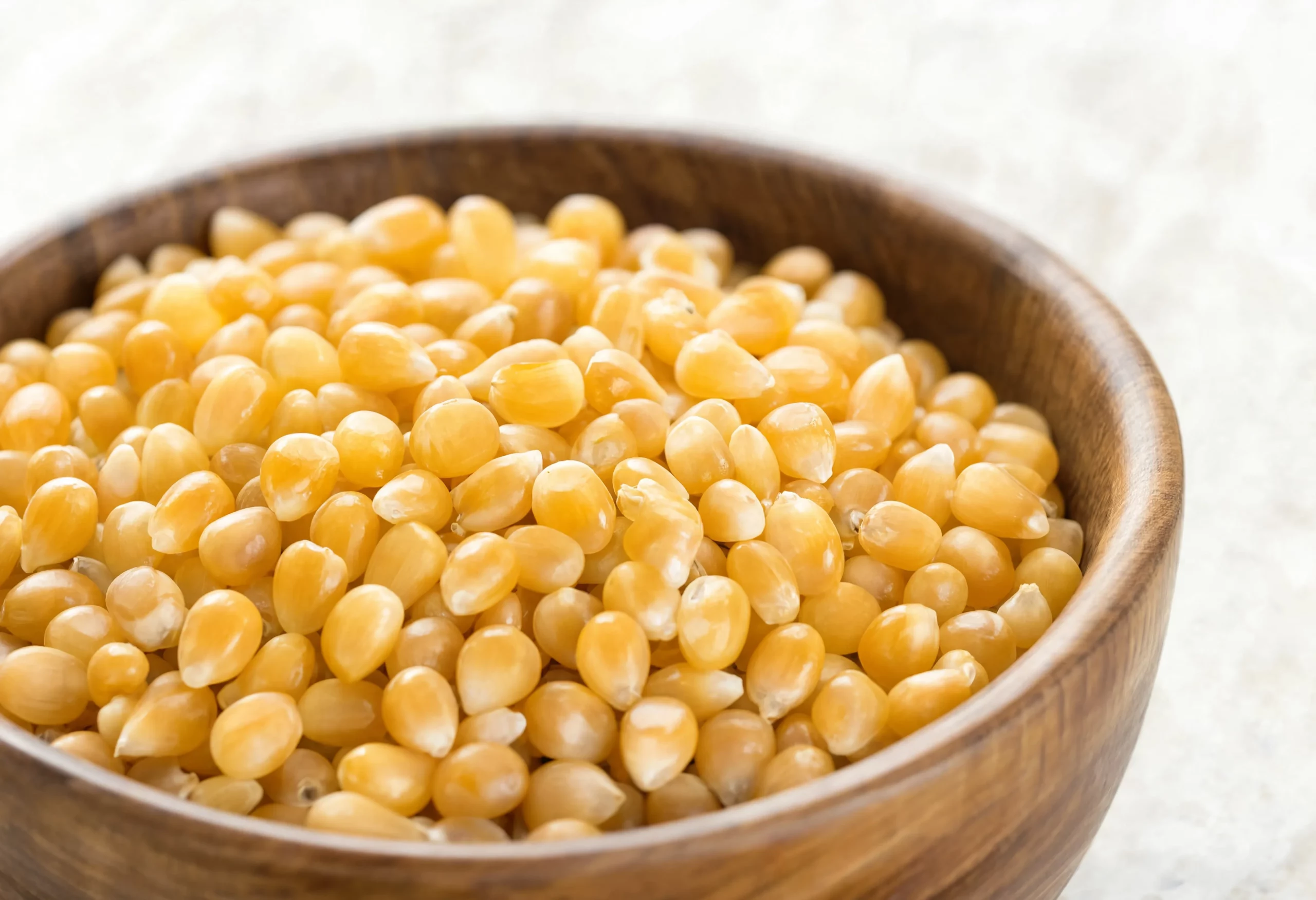 Yellow specialty corn kernels in a wooden bowl showing identity preserved grain quality from Clark Specialty Grains